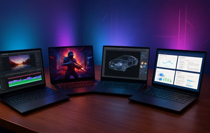 Four RTX 5060 laptops side by side, including ASUS ROG Strix G16, Lenovo Legion 5i OLED, Acer Nitro V 16S AI, and Gigabyte Gaming A16, all open and glowing with RGB lighting on a desk.