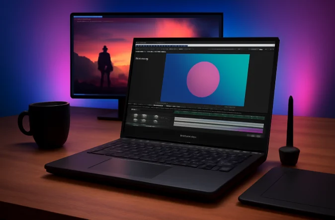 Gigabyte A16 budget gaming laptop on a desk running Adobe After Effects with a motion graphics project open, ideal for creators and video editors.
