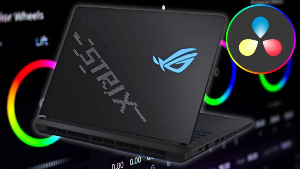 Laptop with Intel Core Ultra 9 and RTX 5090 running DaVinci Resolve in 4K resolution on a color-accurate Mini LED display.
