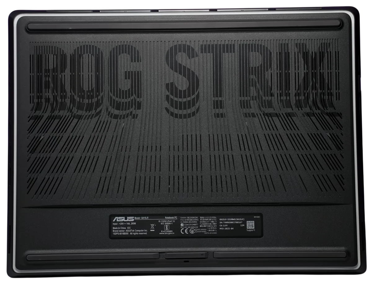 ASUS ROG Strix G16 bottom panel showing ventilation grilles and ROG STRIX branding
