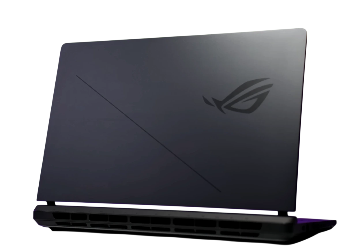 ASUS ROG Strix G16 laptop side view showing ROG logo lid design
